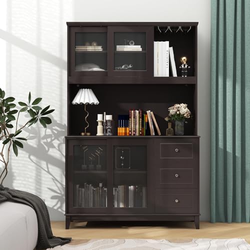 73" Kitchen Pantry Storage Cabinet with LED Lights & Power Outlet, Wine Glass Racks, Adjustable Shelves, Drawers (Espresso) Q89858