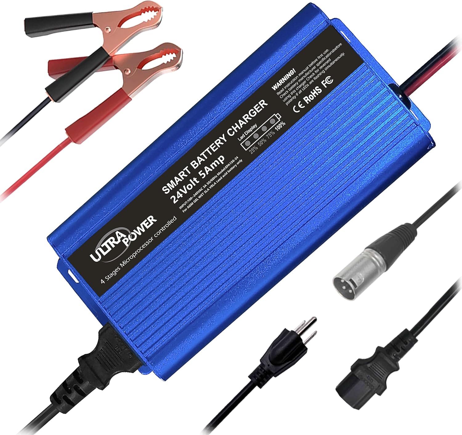 24 Volt 5-Amp Smart Battery Charger Maintainer Desulfator with I/O Switch U877