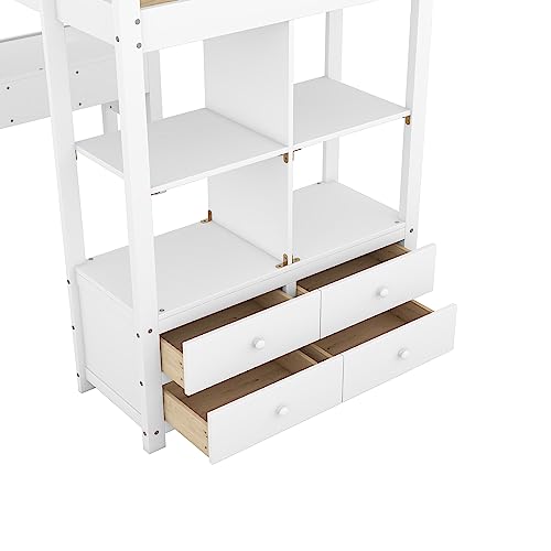 Full Size Solid Wood Loft Bed Frame with Desk and Storage S402977