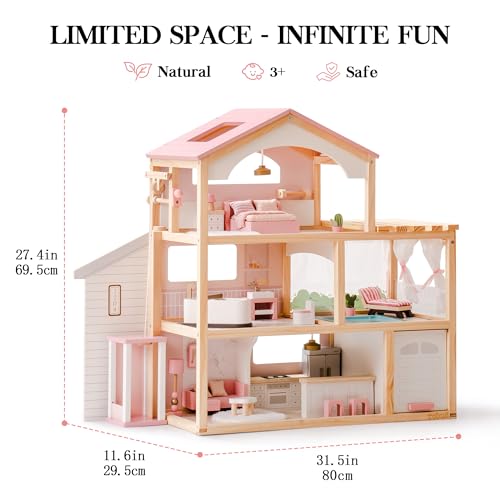 Pink Wooden Dollhouse with 6 Rooms and 29-pcs Furniture Set I1455