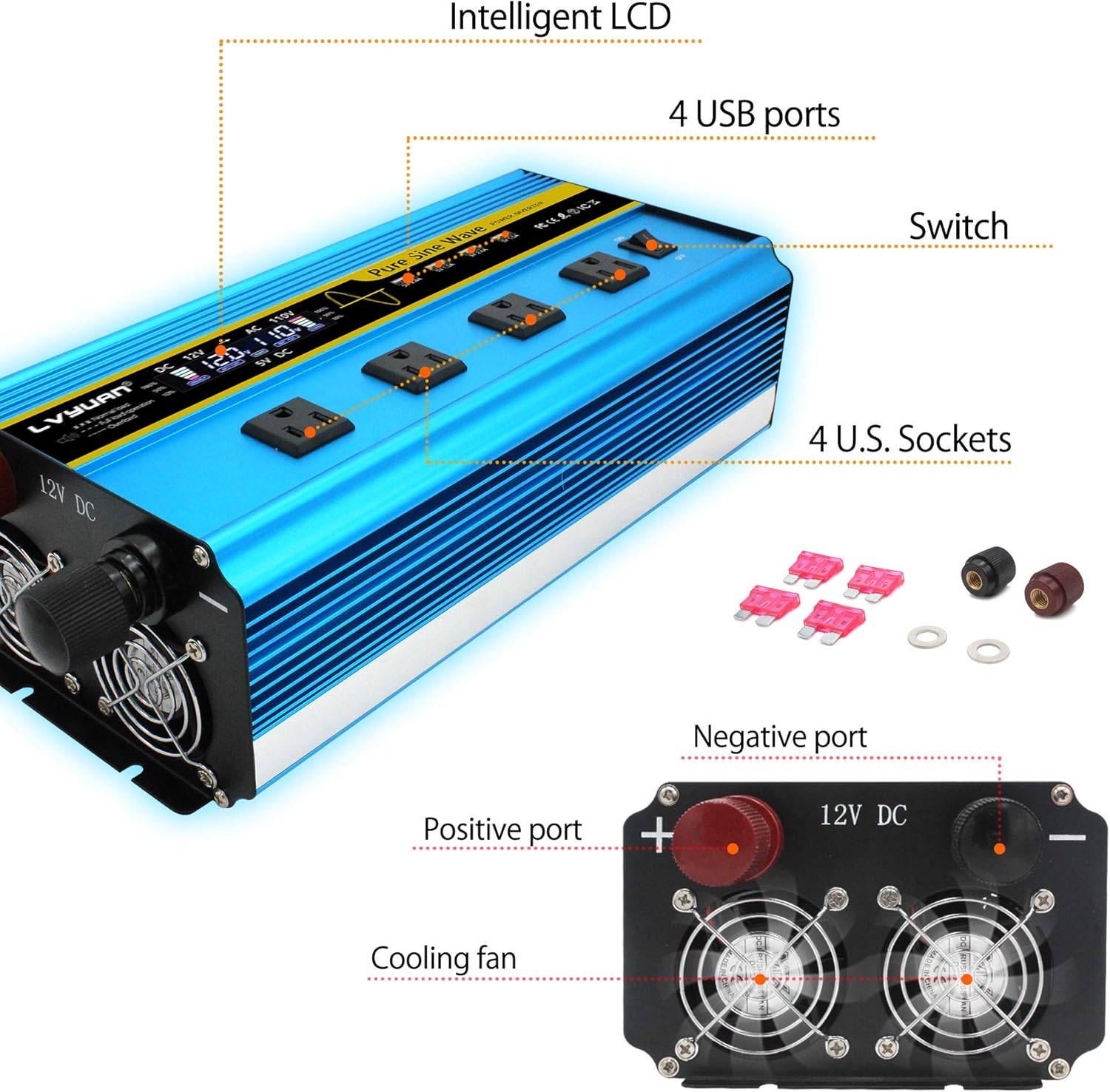 3000 Watt Pure Sine Wave Inverter 12V to 110V DC to AC with LCD Display 4 AC Sockets 4 USB Ports G326