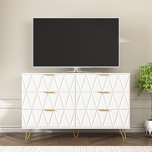 White 6 Drawer Wood Dresser with Gold Handles M626
