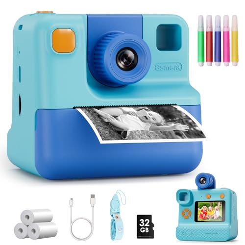 Blue FHD Selfie Digital Video Camera with 3 Rolls Print Paper & 32G Card H684327