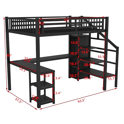 Black Full Size Metal Loft Bed with L-Shaped Desk and USB Port M21822