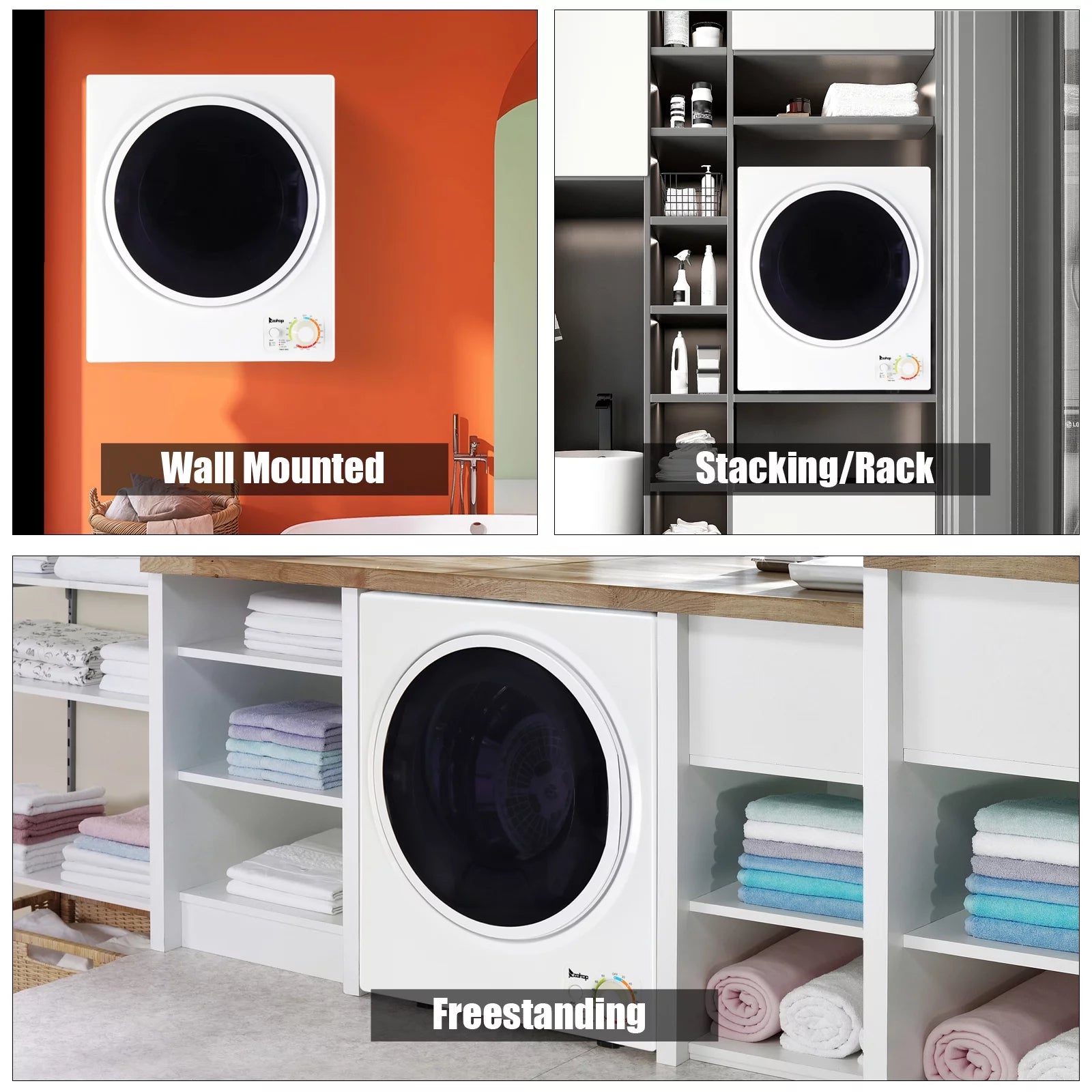 Portable 850W 1.6cu ft Front Load Electric Clothes Dryer with Stainless Steel Tub, White D297