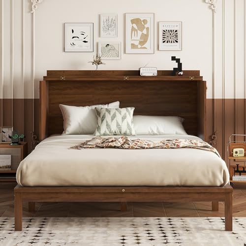Queen Murphy Bed Cabinet with Charging Station & Rattan Design – Wall Bed with Large Storage Drawer, Foldable Platform Bed – Pine Wood Construction, Walnut M34960