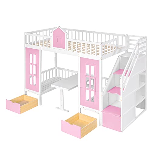 Pink Twin-Over-Twin Bunk Bed with Slide, 2 Drawers, 3 Shelves, Solid Wood R3894