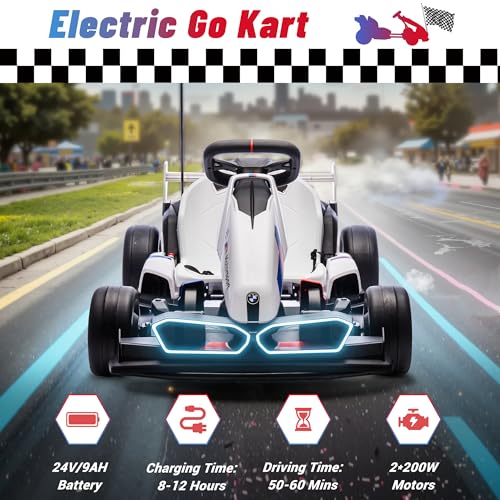 24V 9AH Electric Go Kart with Adjustable Seat, 7.5 MPH Drift Kart, 2 * 200W Motors, Grey D64075