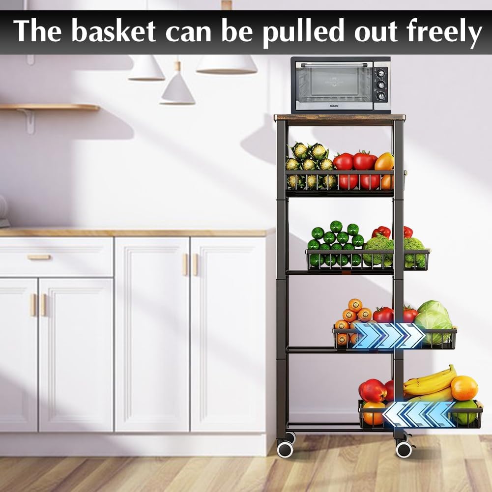 5 Tier Wire Basket with Wood Top and Wheels G169