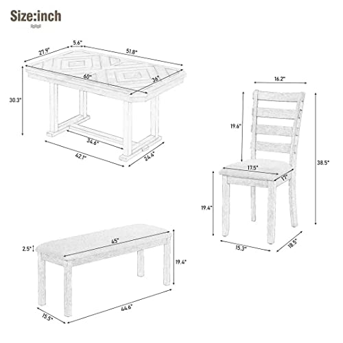 6-Piece Rubber Wood Dining Table Set with 4 Cushioned Chairs and Bench, Light Gray T736772
