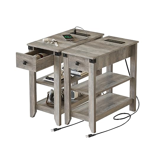 Set of 2 Narrow Side Table with Charging Station and Storage Drawer Rustic Grey Z8175