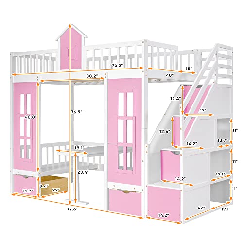 Pink Twin-Over-Twin Bunk Bed with Slide, 2 Drawers, 3 Shelves, Solid Wood R3894