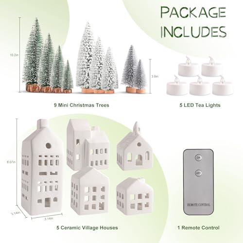Christmas Village Sets of 5 Ceramic Houses with LED Lights and 9 Trees H64899
