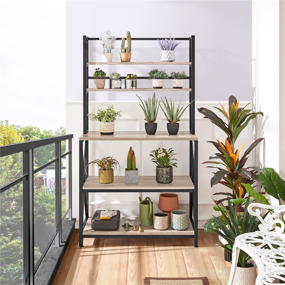 5-Tier Industrial Wood Baker’s Rack Storage Shelf, Gray P711518