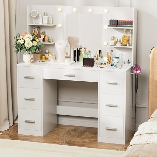 White Vanity Desk with LED Lighted Mirror and 7 Drawers H21419