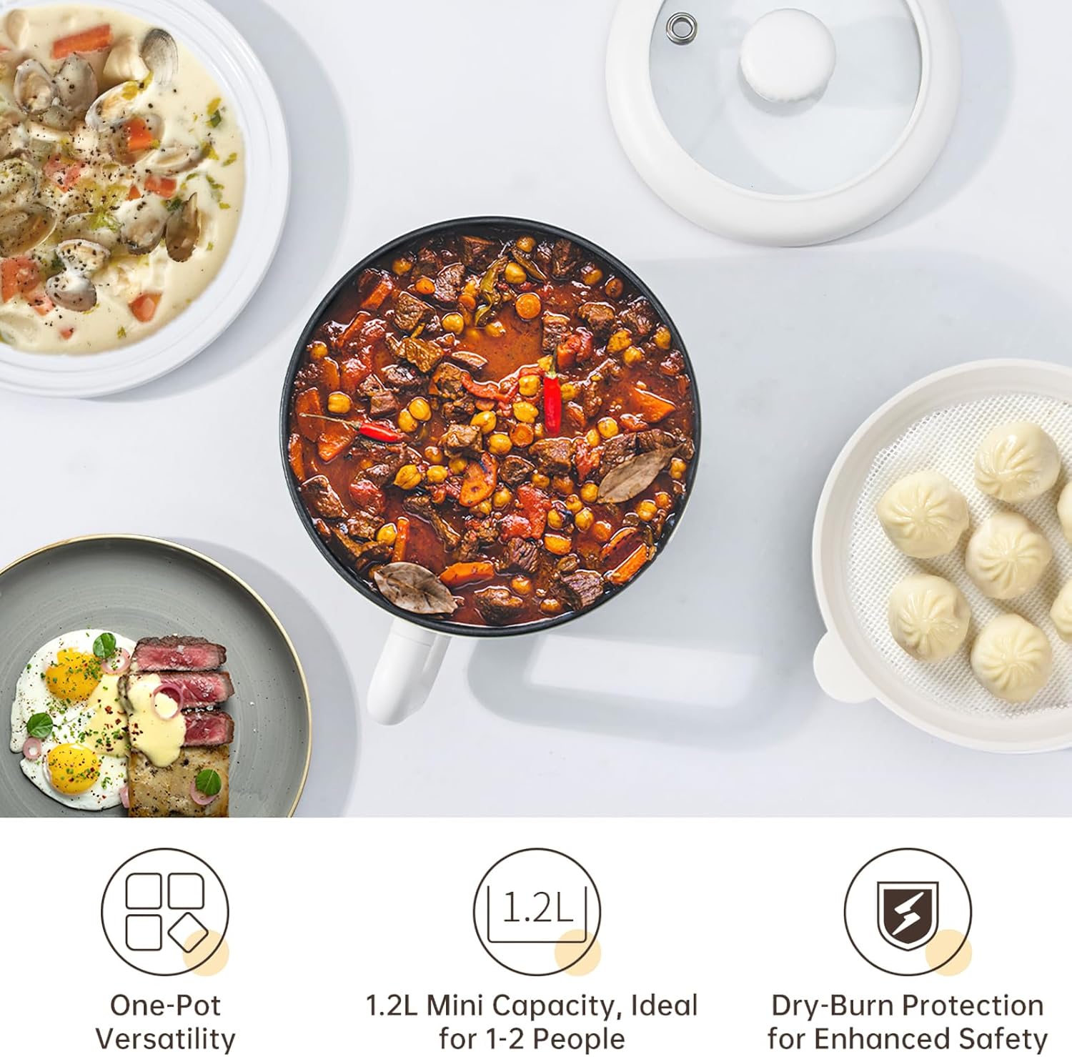 White Electric Mini Ramen Cooker 1.2L Nonstick 300W/600W Y35762