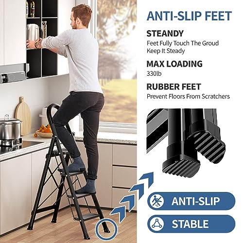 Black Aluminum Folding Step Stool with Handgrip P32819