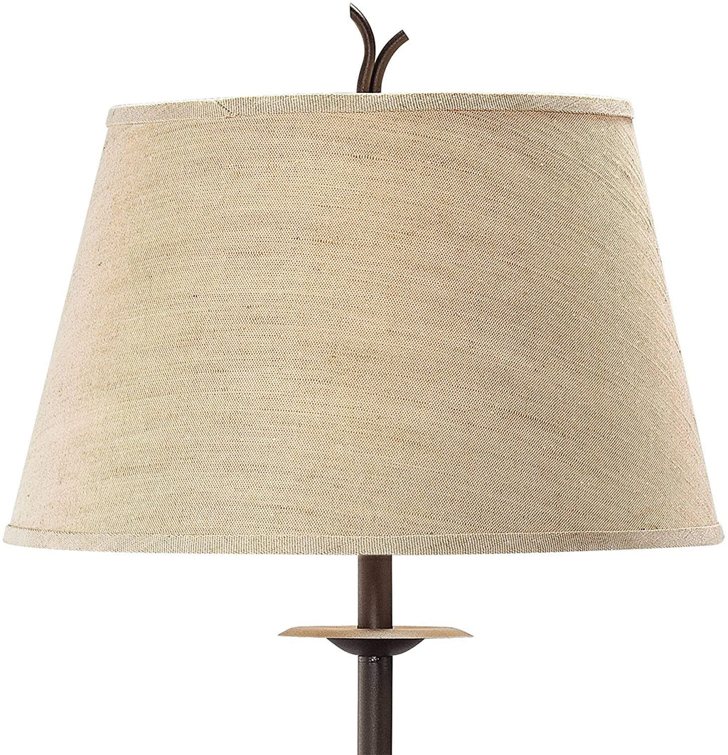 Rustic Farmhouse Floor Lamp with Tray End Table 63.5" Tall Wood Twisted Iron Base Brown Linen Fabric Tapered Drum Shade W598