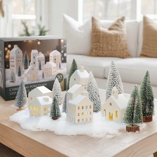 Christmas Village Sets of 5 Ceramic Houses with LED Lights and 9 Trees H64899