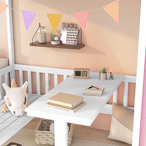 Pink Twin-Over-Twin Bunk Bed with Slide, 2 Drawers, 3 Shelves, Solid Wood R3894