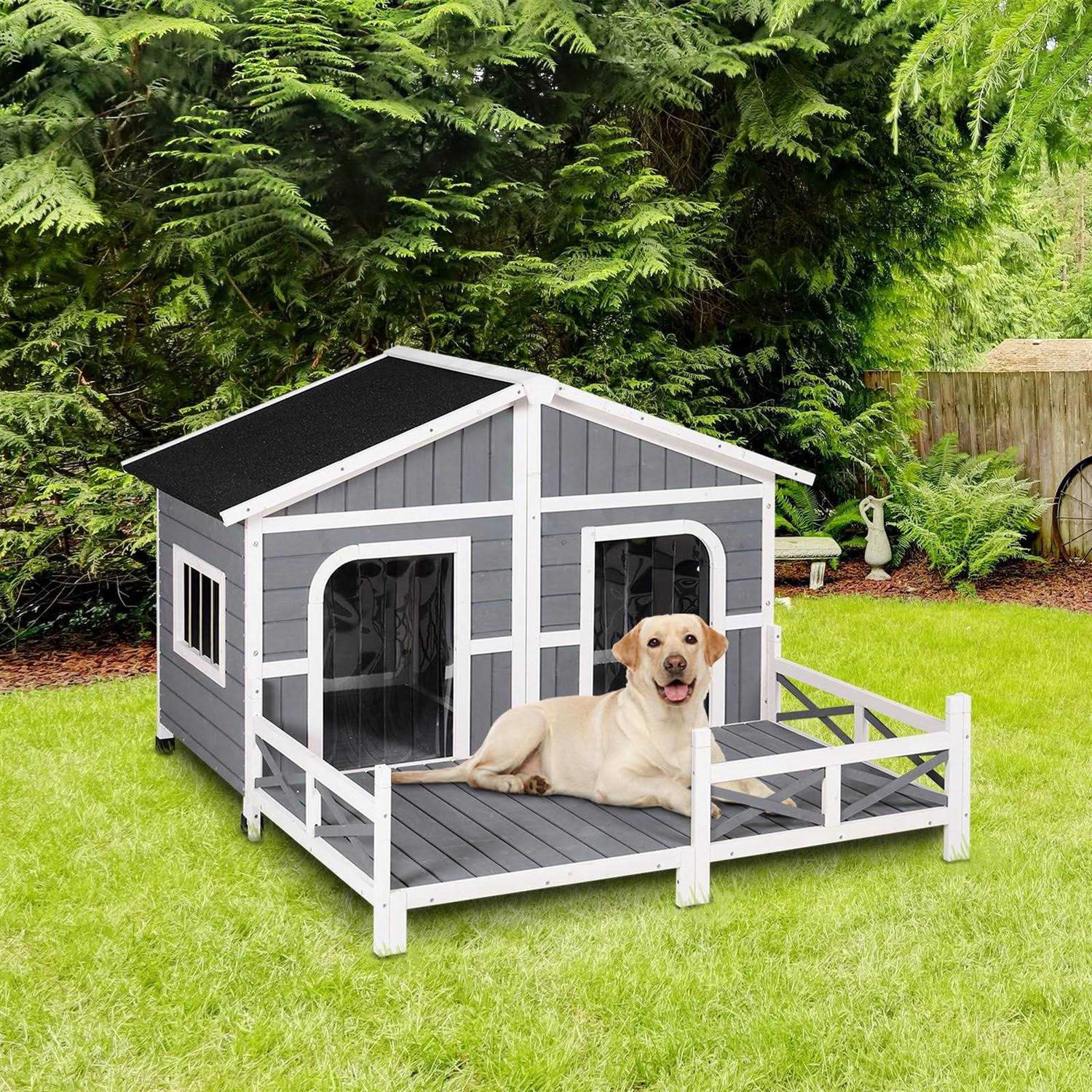 59x64x39 Wood Large Dog House with Porch Deck B739949