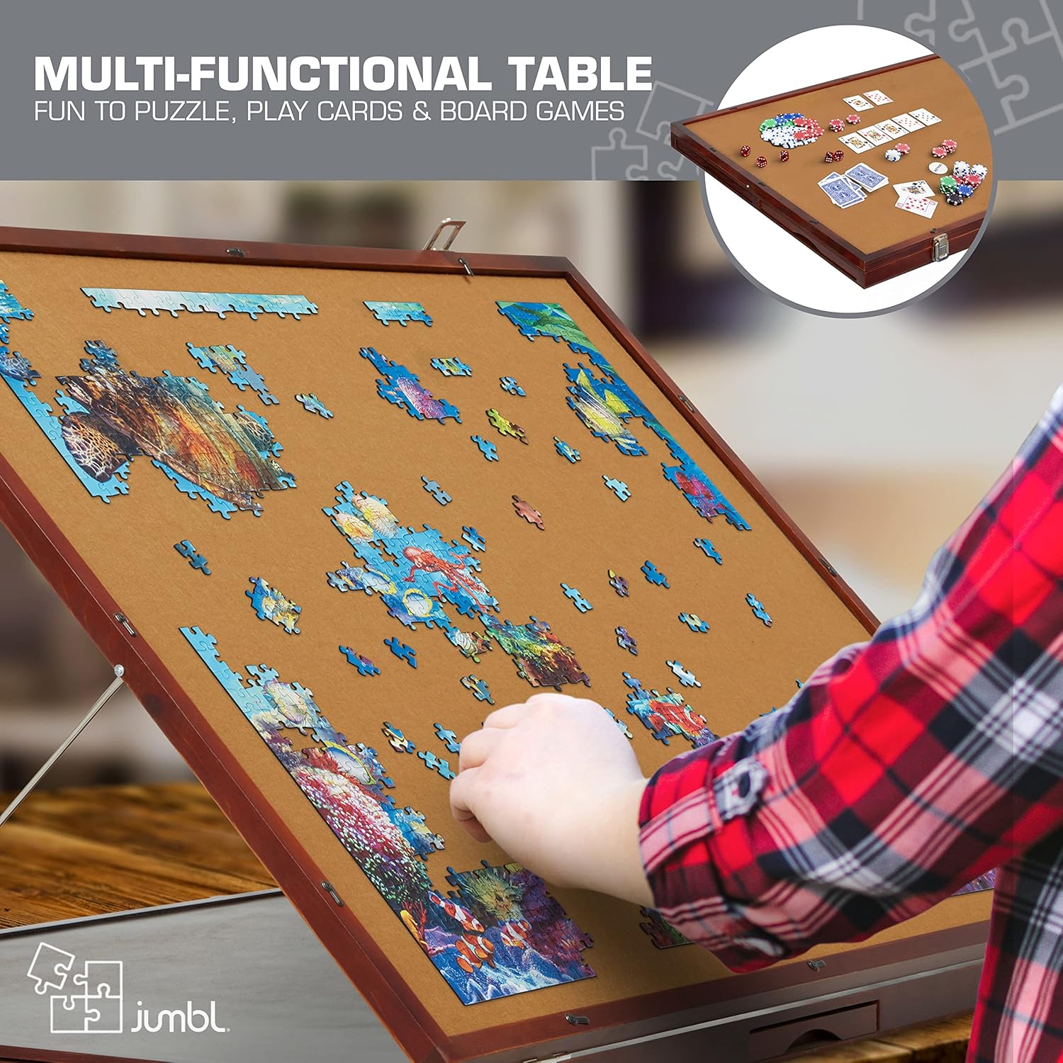 1500-Piece Tilting Puzzle Board with Felt Surface, 6 Removable Sorting Drawers, 27” x 35” Wooden Jigsaw Puzzle Table S949231