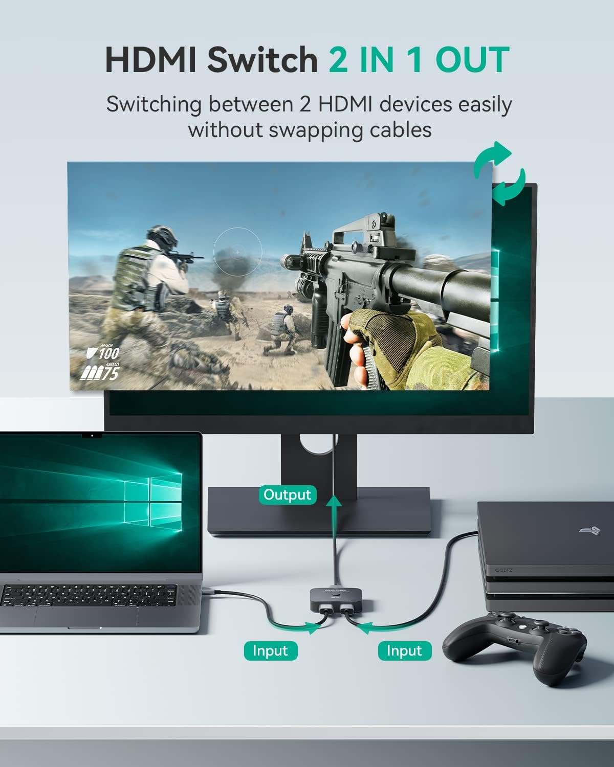 HDMI 2.1 Switch, 8K HDMI Switcher Splitter Bi-Directional 2 in 1 Out, 48Gbps Aluminum Ultra HD HDMI Hub N532