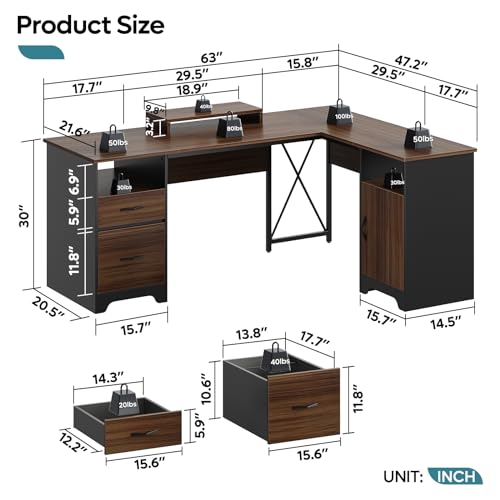 Gray L Shaped Desk with File Drawers, 63" x 47" Corner Desk with Monitor Stand Z6344