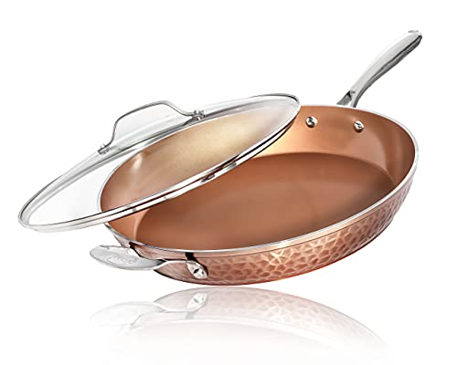 3 Piece Hammered Copper Nonstick Frying Pan Set with Glass Lid K969