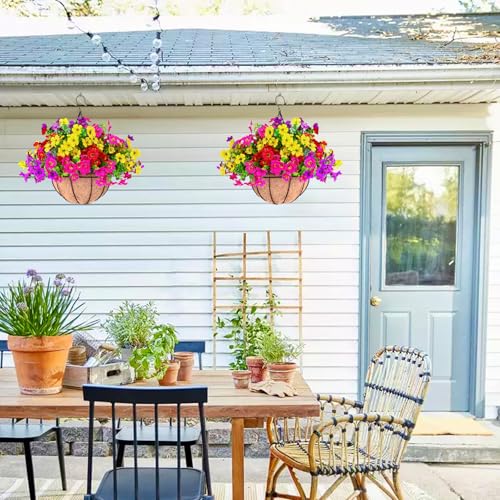 2 Sets Outdoor Artificial Flowers with 12" Hanging Basket, 24 Bunches of Faux Flowers with 2 Hanging Planters Yellow Orange L4566