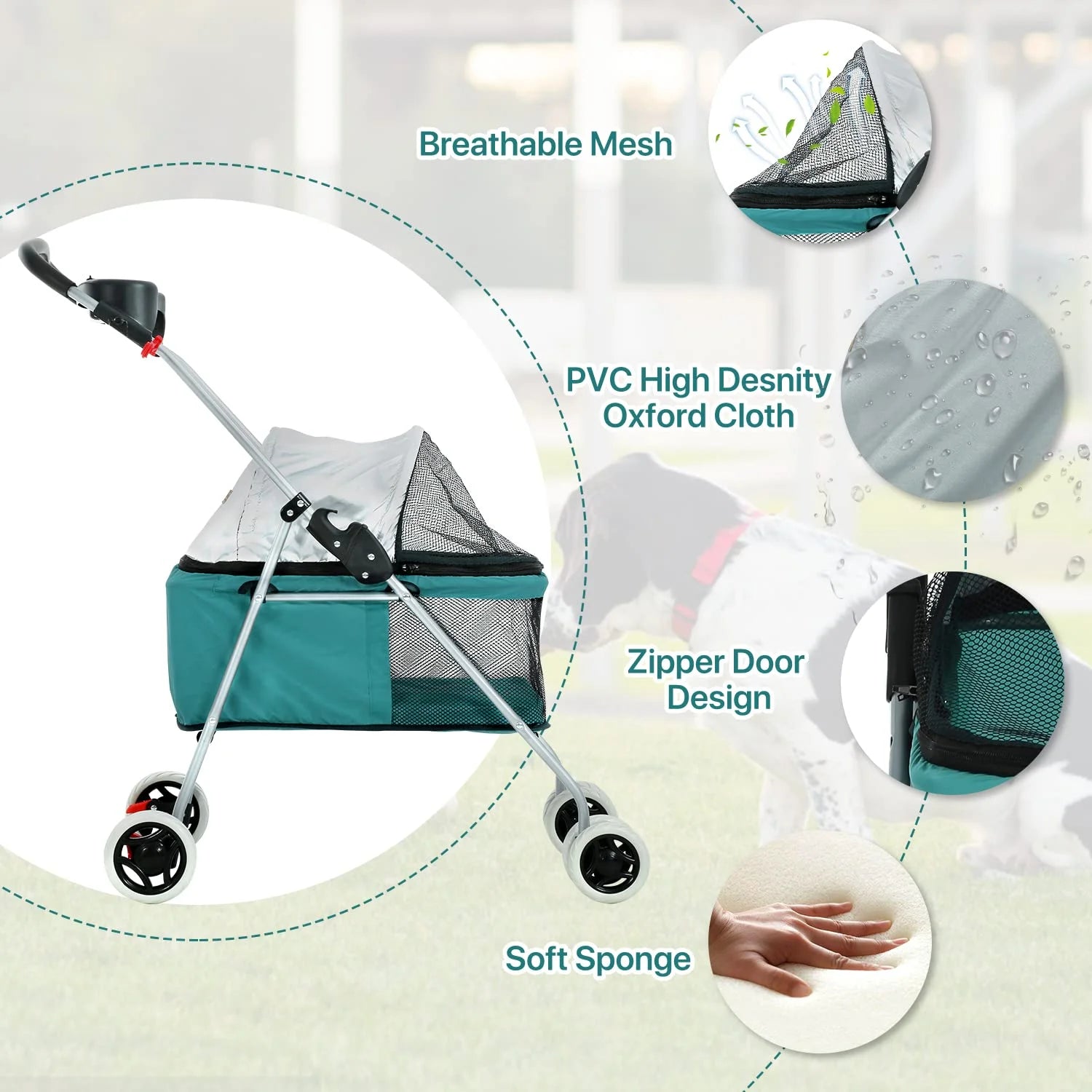 Teal Folding 4-Wheel Dog Stroller D375931