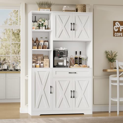 71" Tall Kitchen Pantry Storage Cabinet with Microwave Stand, Barn Doors, Large Drawer and Shelves, Ash Grey F204
