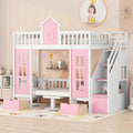 Pink Twin-Over-Twin Bunk Bed with Slide, 2 Drawers, 3 Shelves, Solid Wood R3894