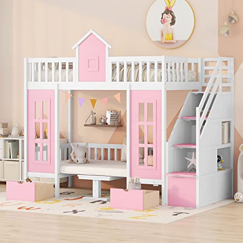 Pink Twin-Over-Twin Bunk Bed with Slide, 2 Drawers, 3 Shelves, Solid Wood R3894