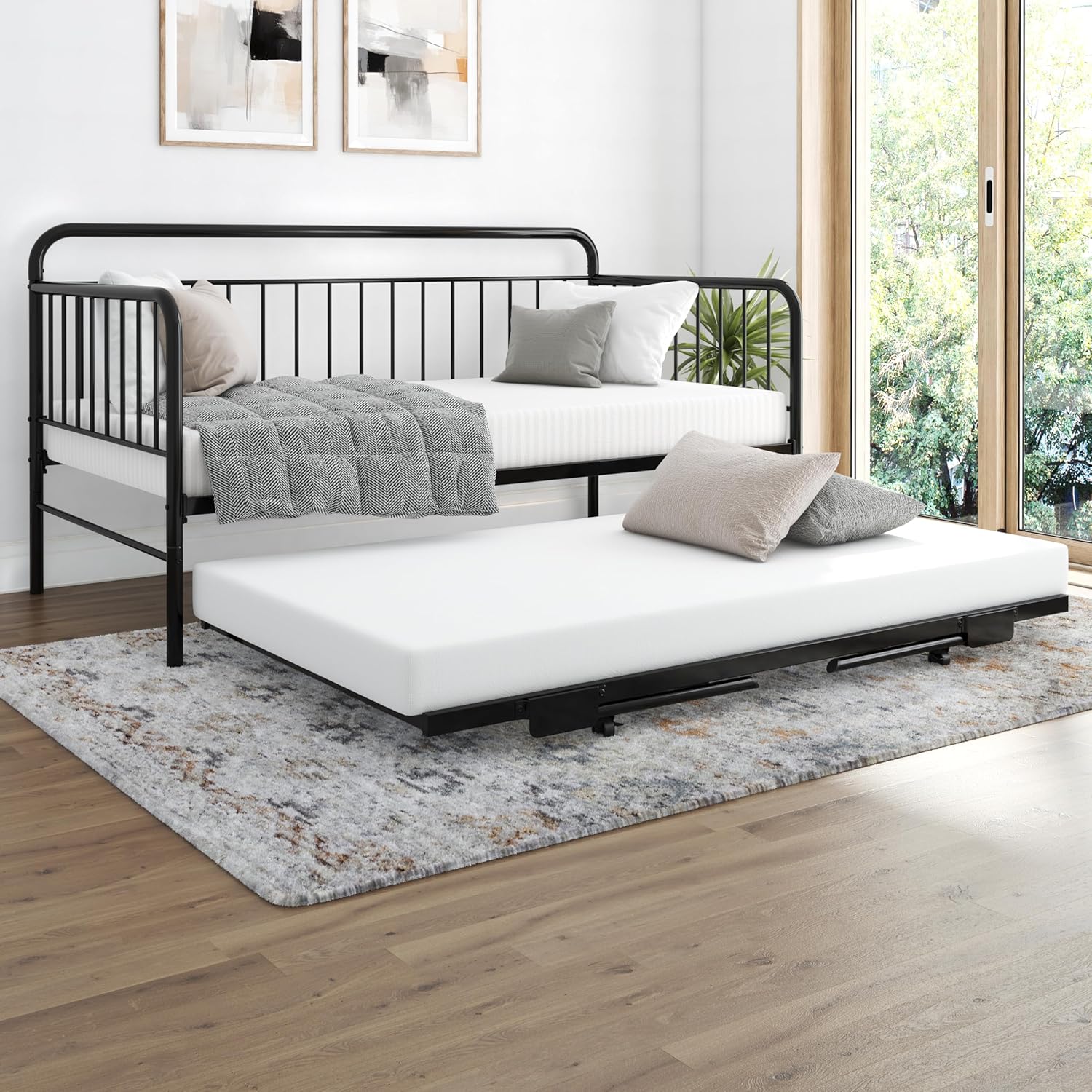 Black Metal Twin Daybed with Pop Up Trundle Bed T5221