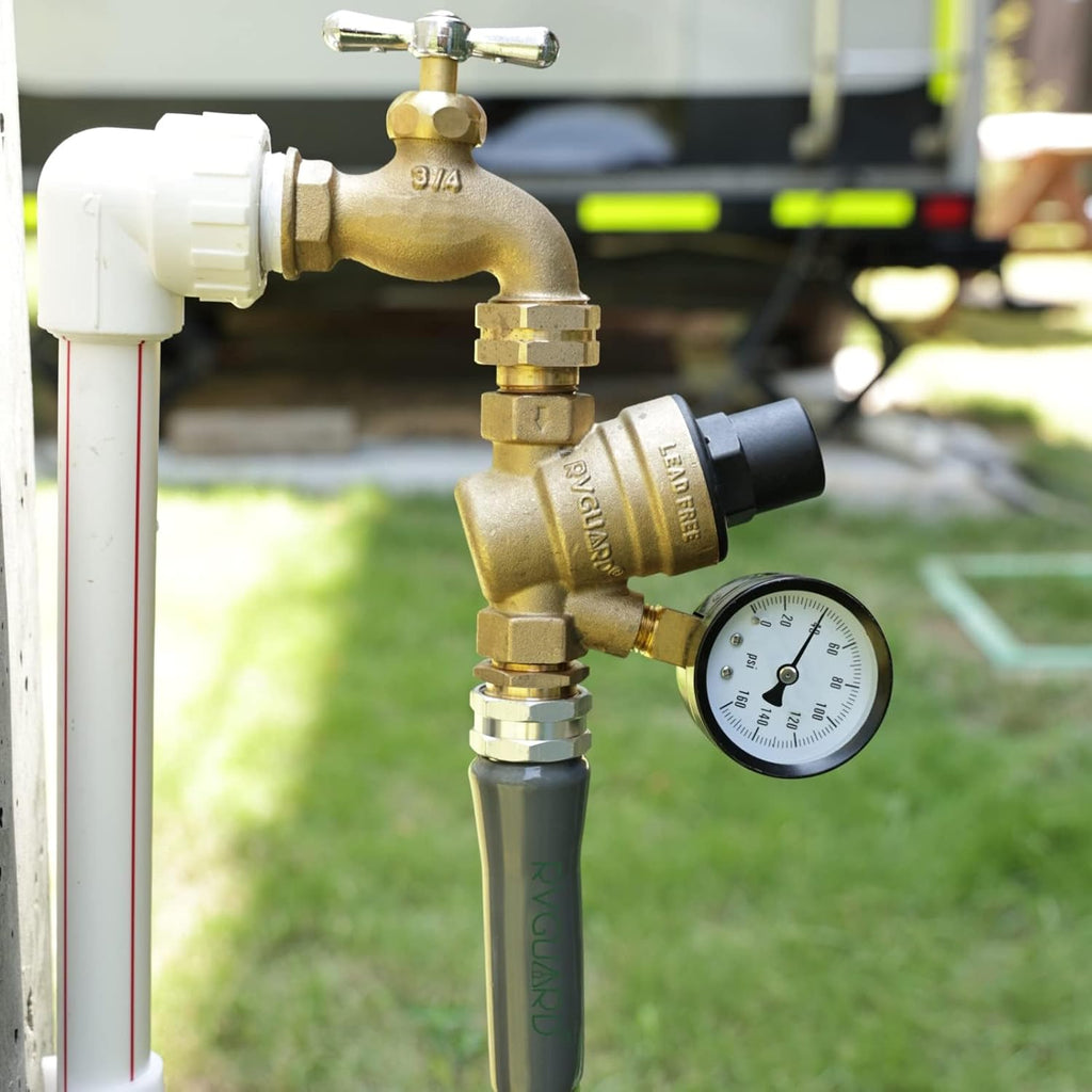 Brass Lead-Free Adjustable RV Water Pressure Regulator Valve with Gauge and Inlet Screen Filter T994894