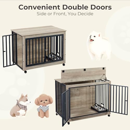 Grey Wooden Dog Crate with Double Doors and Pull-Out Dog Bowls F52847