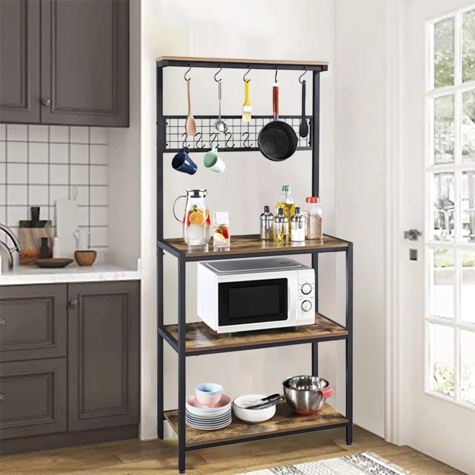 67" Wooden Rustic Brown Bakers Rack with 4 Storage Shelves & 10 Hooks E3386