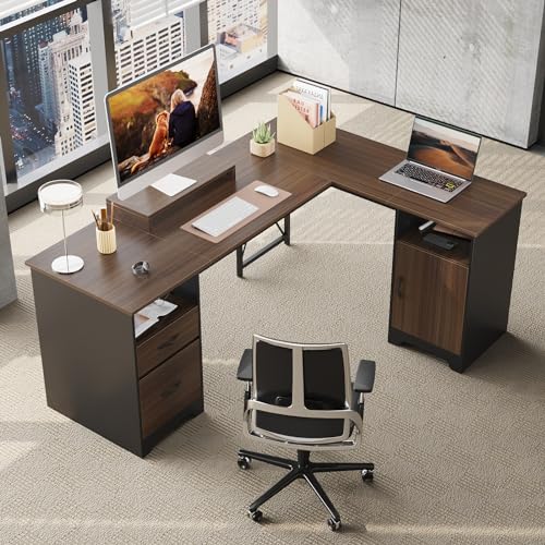 Gray L Shaped Desk with File Drawers, 63" x 47" Corner Desk with Monitor Stand Z6344