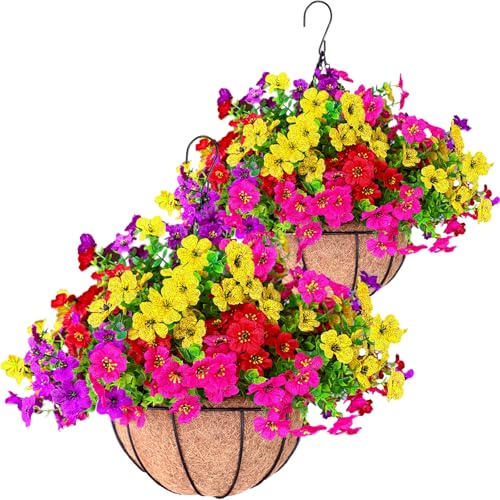 2 Sets Outdoor Artificial Flowers with 12" Hanging Basket, 24 Bunches of Faux Flowers with 2 Hanging Planters Yellow Orange L4566