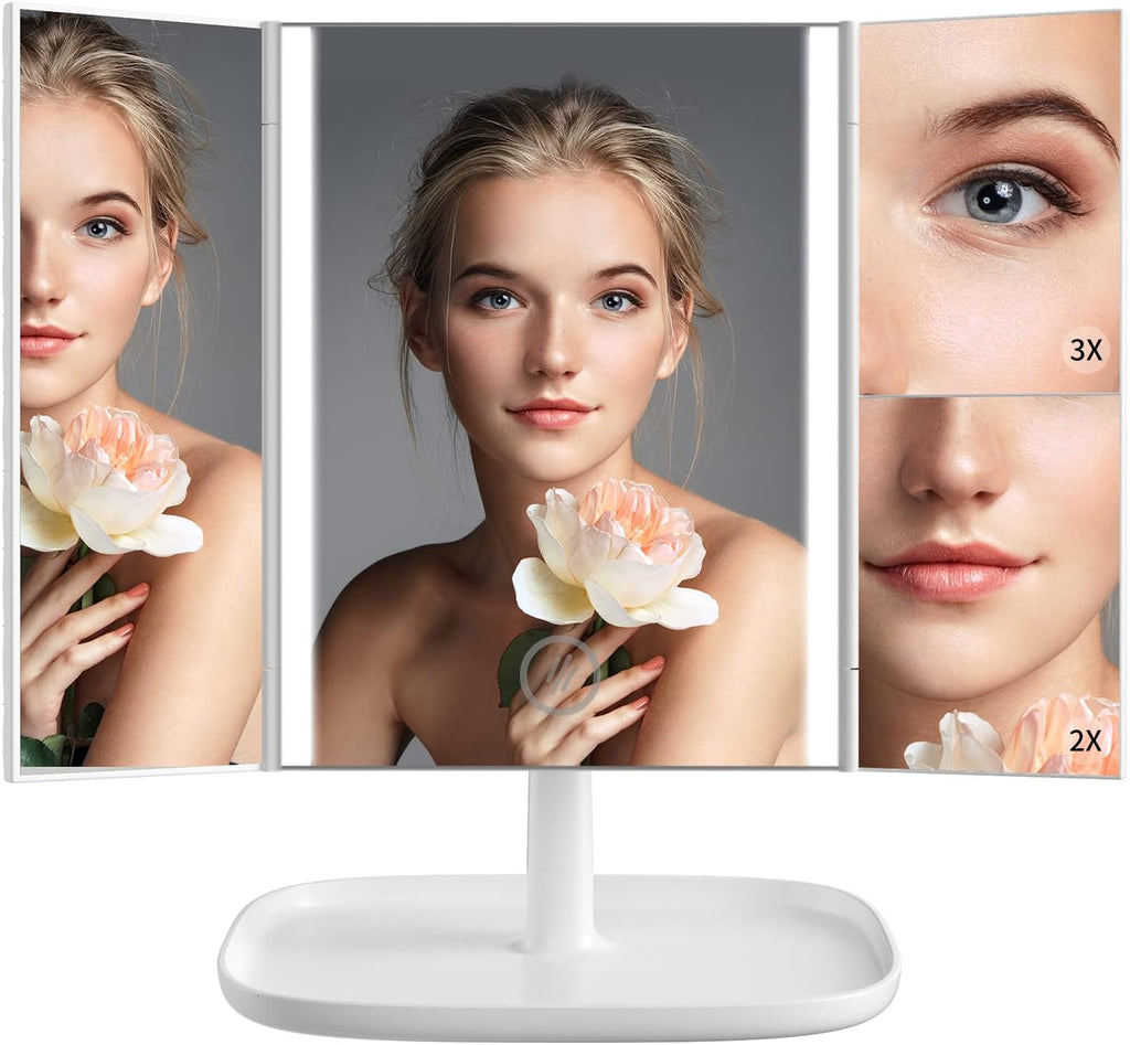 3 Color Lighting Modes 52 LED Trifold Portable Mirror with 1X 2X 3X Magnification C810