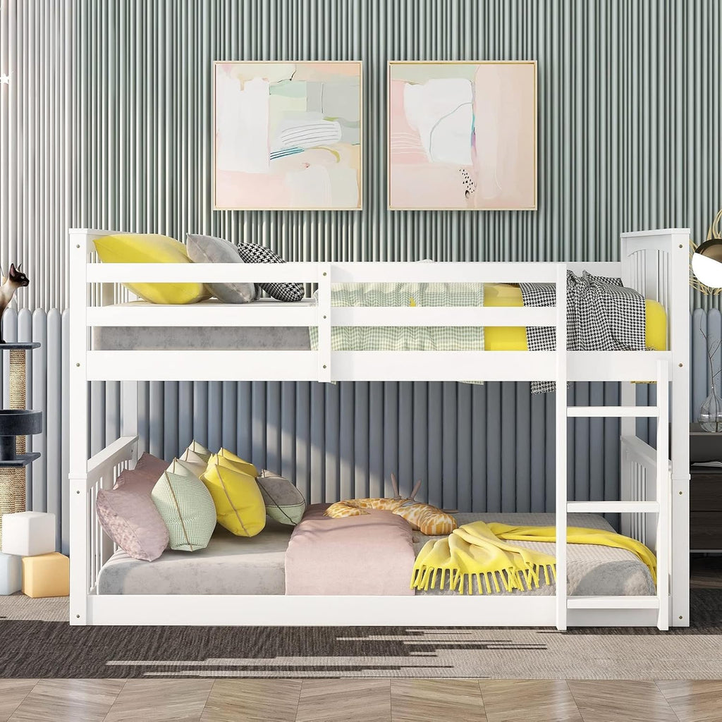White Twin over Twin Low Bunk Bed Frame Wood R320