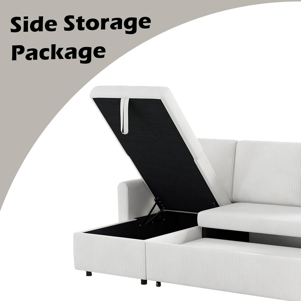 Beige Corduroy L-Shaped Sleeper Sofa with Storage Chaise and 2 Pillows M17222