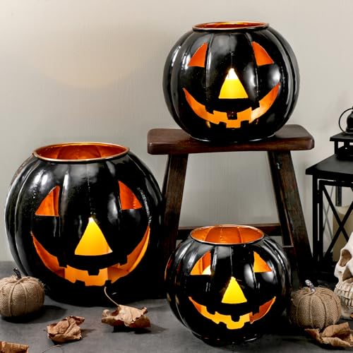 3 Sets Halloween Metal Jack O Lanterns Pumpkin with 3 LED Candles with Black Creepy Cloth Decoration Bundle I762