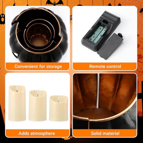 3 Sets Halloween Metal Jack O Lanterns Pumpkin with 3 LED Candles with Black Creepy Cloth Decoration Bundle I762