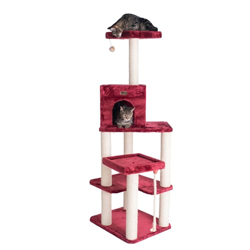 Burgundy Real Wood Cat Tower with Faux Fur E2181