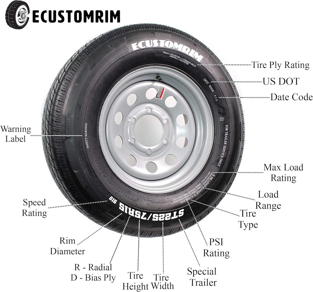 Gray Modular Trailer Tire On Rim ST205/75R15 5 Lug Wheel N9773