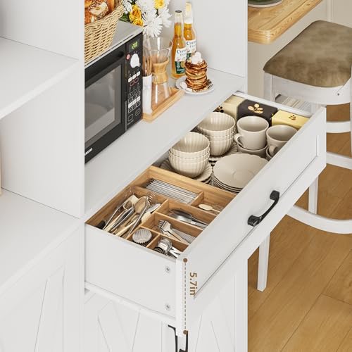 71" Tall Kitchen Pantry Storage Cabinet with Microwave Stand, Barn Doors, Large Drawer and Shelves, Ash Grey F204