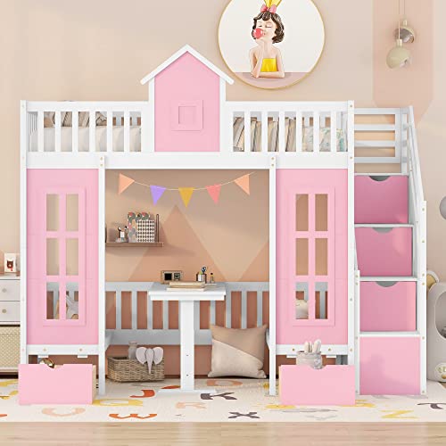 Pink Twin-Over-Twin Bunk Bed with Slide, 2 Drawers, 3 Shelves, Solid Wood R3894