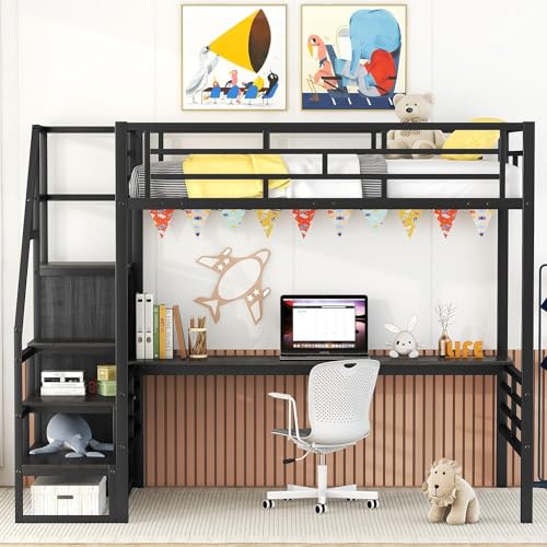 Full Size Metal Loft Bed with Desk and Wardrobe H7980